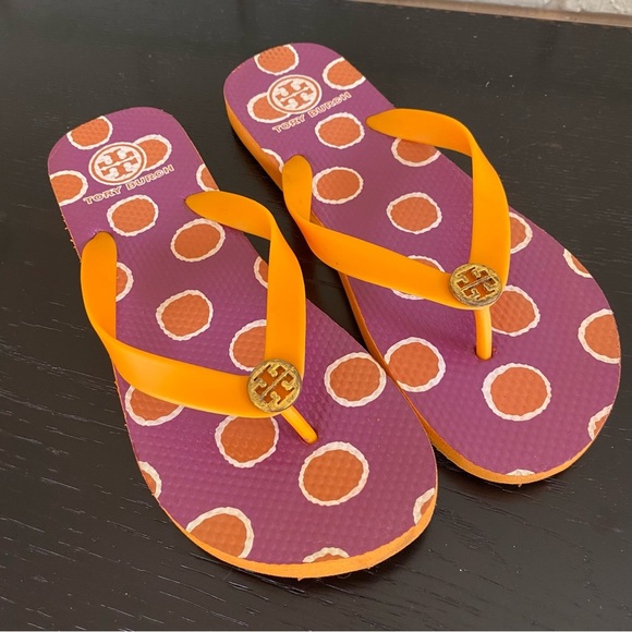 Tory Burch Womens 9 Designer Flip Flop Sandals Orange Polka Dot Thong Shoes - Picture 2 of 6